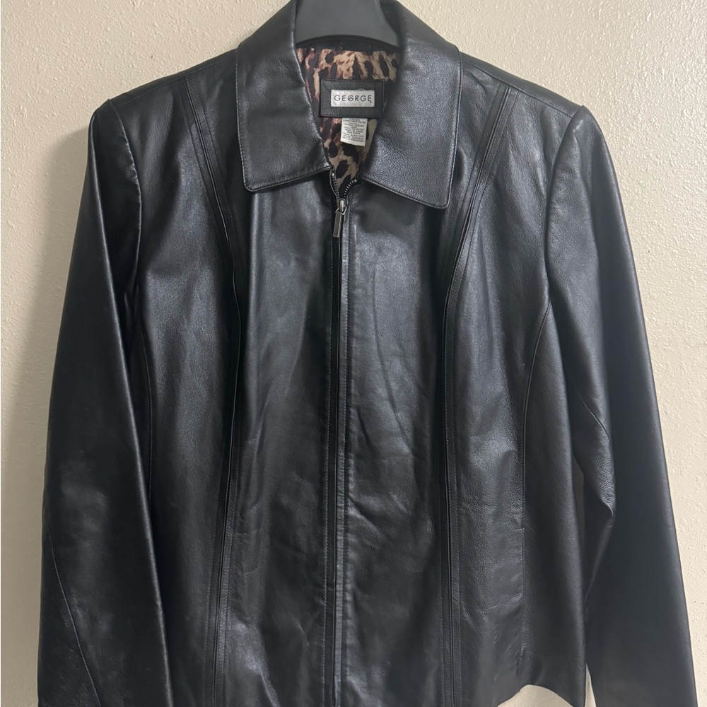 George Black Leather Jacket with Animal Print Lining